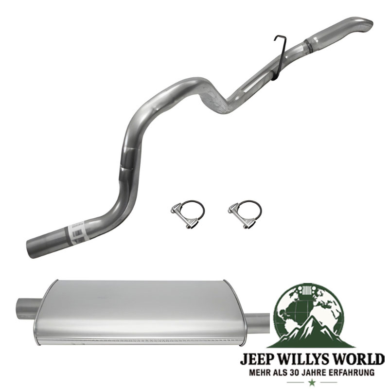 Endschalldämpfer und Endrohrbogen Kit (aluminisiert) mit 2" (50,80 mm) für 4,0L und 5,2L Benzin Motor. Jeep Grand Cherokee ZJ / ZG (1996-1998), voller Lieferumfang inkl. Schellen abegbildet.