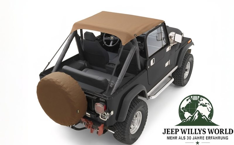 Bestop Bikini Top Traditional Style Tan Denim Jeep CJ7 CJ8 Wrangler YJ (76-91), mounted with matching Half Doors.