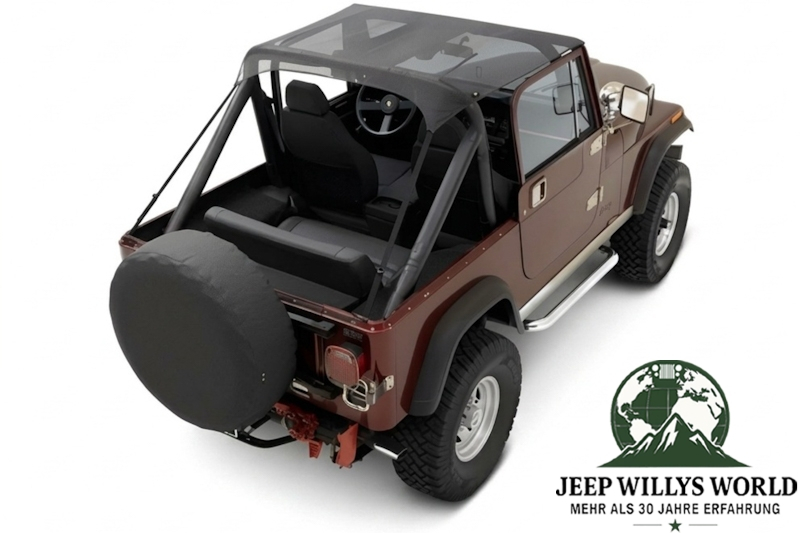 Bestop Bikini Top Traditional Style Mesh Netting Jeep CJ7 CJ8 Wrangler YJ (76-91), mounted.