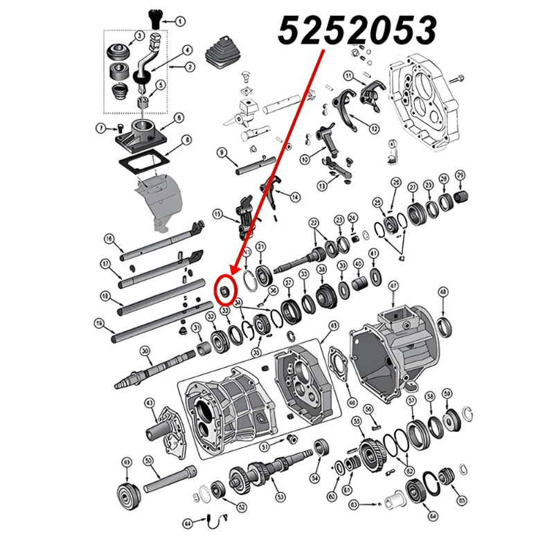 Input Shaft Oil Seal for AX15 Transmission. Jeep Cherokee XJ / Wrangler YJ / TJ / Grand Cherokee ZJ / Comanche MJ (1987-1999), exploded drawing highlighting the location of Seal on Transmission with red arrow.