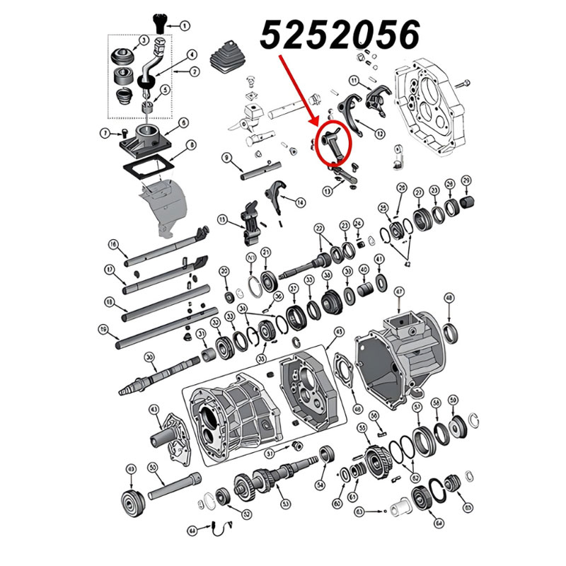 Schaltgabel Rückwärtsgang AX15 Schaltgetriebe Jeep XJ Wrangler YJ TJ Grand Cherokee ZJ (87-99), Explosionszeichnung, die mit rotem Pfeil die Position der Schaltgabel am Schaltgetriebezeigt.