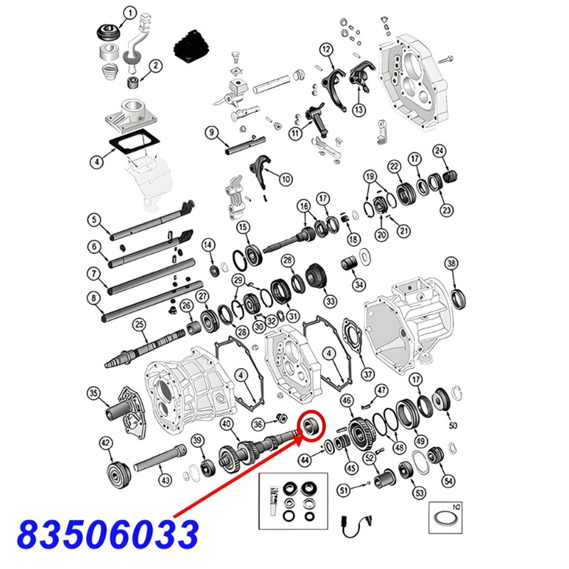 Shift Fork for third (3rd) and fourth (4th) Gear AX15 Transmission. Jeep Cherokee XJ / Wrangler YJ / TJ / Grand Cherokee ZJ (1987-1999), exploded drawing highlighting the position of Fork on Transmission with red arrow.
