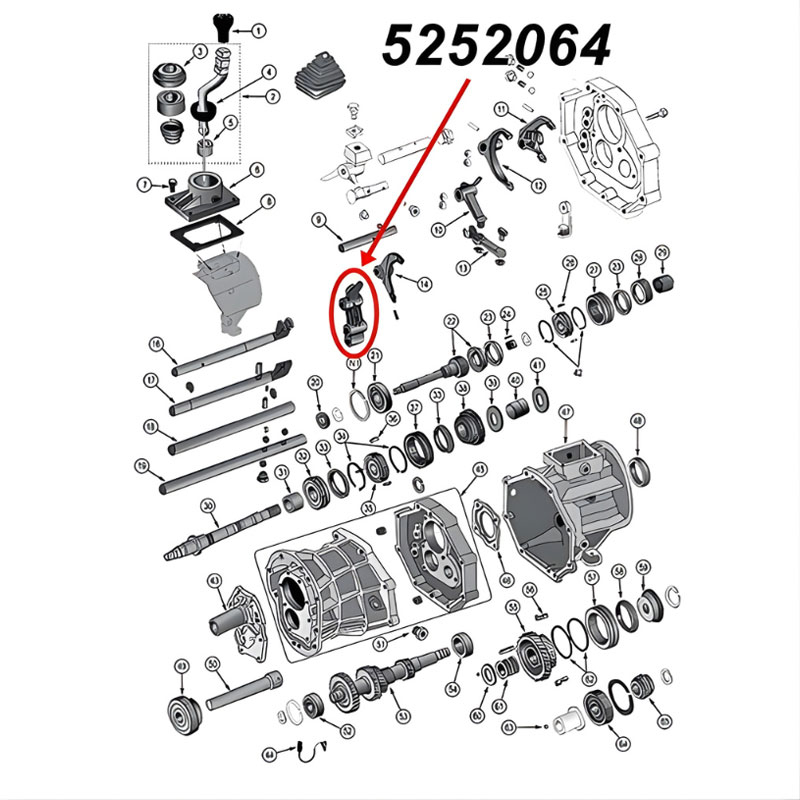 Schalthebel Rückwärtsgang AX15 Schaltgetriebe Jeep XJ Wrangler YJ TJ Grand Cherokee ZJ (87-99), Explosionszeichnung, die mit rotem Pfeil die Position des Schalthebels am Schaltgetriebezeigt.