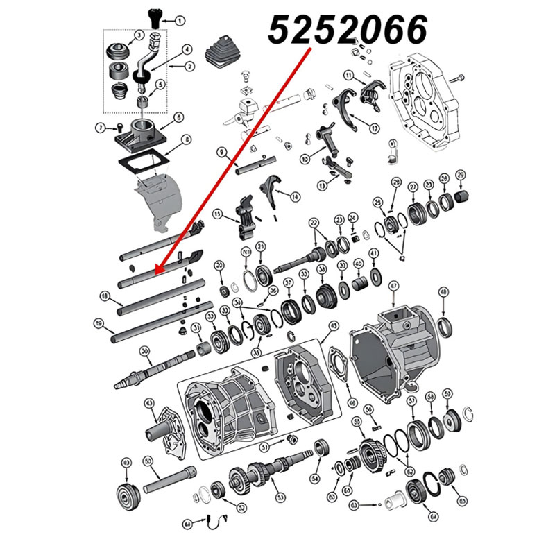 Shift Shaft 1st & 2nd Gear AX15 Transmission Jeep Cherokee XJ Wrangler YJ TJ Grand Cherokee ZJ (87-99), exploded drawing highlighting the position of Shaft on Transmission with a red arrow.