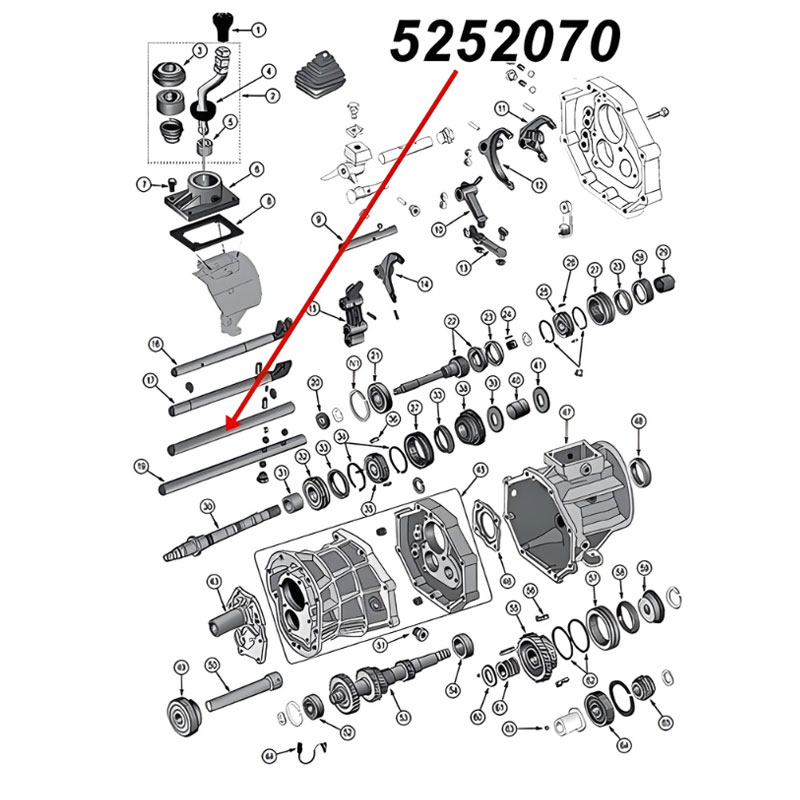Schaltstange vorne vom Rückwärtsgang am AX15 Schaltgetriebe. Jeep Cherokee XJ / Wrangler YJ / TJ / Grand Cherokee ZJ / Comanche MJ (1987-1999), Explosionszeichnung, die mit rotem Pfeil die Position der Stange am Schaltgetriebezeigt.