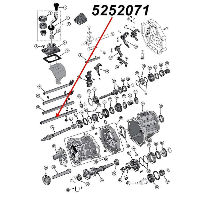 Schaltstange 5. Gang am AX15 Schaltgetriebe. Jeep Cherokee XJ / Wrangler YJ / TJ / Grand Cherokee ZJ / Comanche MJ (1987-1999), Explosionszeichnung, die mit rotem Pfeil die Position der Stange am Schaltgetriebezeigt.