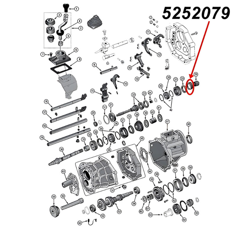 Zahnrad mit 31 Zähnen für den dritten (3.) Gang am AX15 Schaltgetriebe. Jeep Cherokee XJ / Wrangler YJ / TJ / Grand Cherokee ZJ / Comanche MJ (1987-1999), Explosionszeichnung, die mit rotem Pfeil die Position des Zahnrads am Schaltgetriebezeigt.