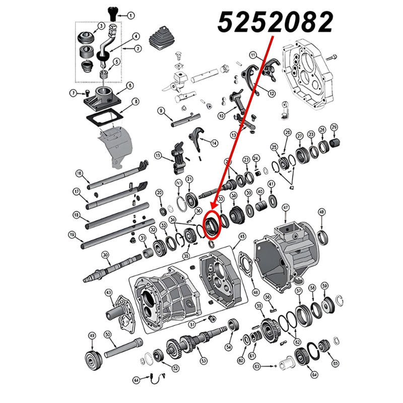 First (1st) and second (2nd) Reverse Sliding Gear AX15 Transmission. Jeep Cherokee XJ / Wrangler YJ / TJ / Grand Cherokee ZJ / Comanche MJ (1987-1999), exploded drawing highlighting the location of Gear on Transmission with red arrows.