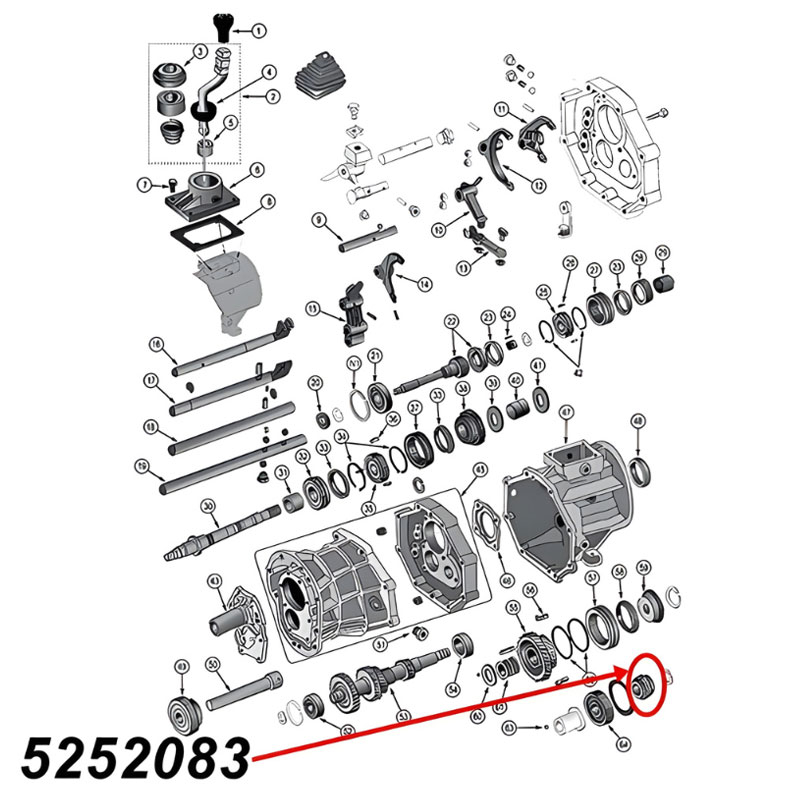 Zahnrad für den fünften (5.) Gang am AX15 Schaltgetriebe. Jeep Cherokee XJ / Wrangler YJ / TJ / Grand Cherokee ZJ / Comanche MJ (1987-1999), Explosionszeichnung, die mit rotem Pfeil die Position des Zahnrads am Schaltgetriebezeigt.
