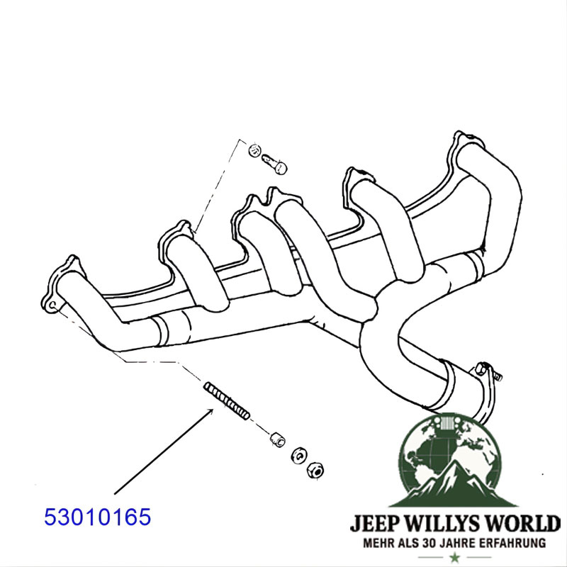 Stehbolzen am Abgaskrümmer für 4., 6. oder 8. Zylinder Motoren. Jeep Cherokee XJ / Wrangler YJ / TJ / Grand Cherokee ZJ / Comanche MJ (1984-1999), technische Zeichnung die den Bolzen am Krümmer zeigt.