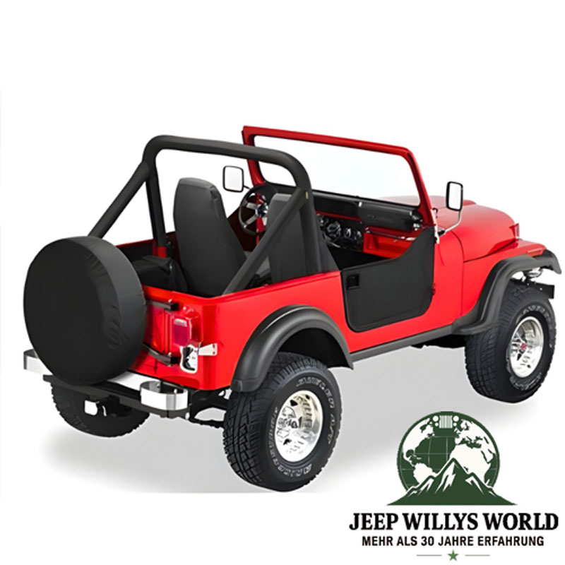 Halbtüren Verdeckmaterial Bestop Black Crush (Kunstleder, strukturiert) mit Türgriffen Jeep CJ7, Wrangler YJ (80-95). montiert.