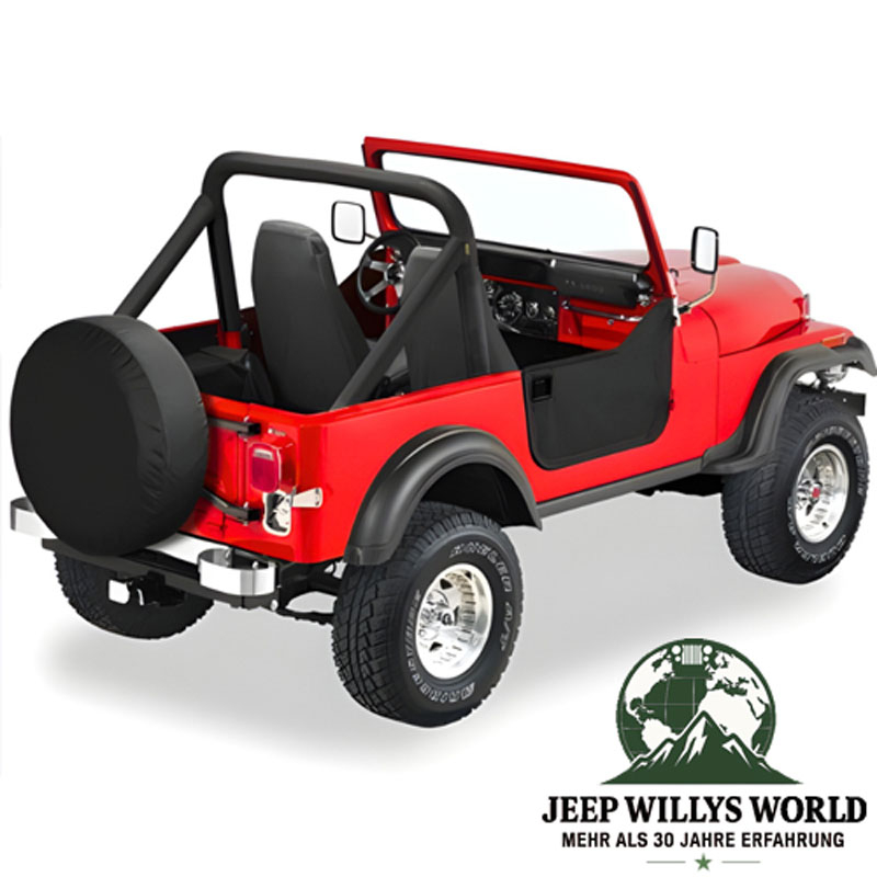 Lower Half Fabric Half Doors Bestop Soft Top Black Denim with Paddle-Style Door Handle Jeep CJ7 CJ8 Wrangler YJ (80-95), mounted.