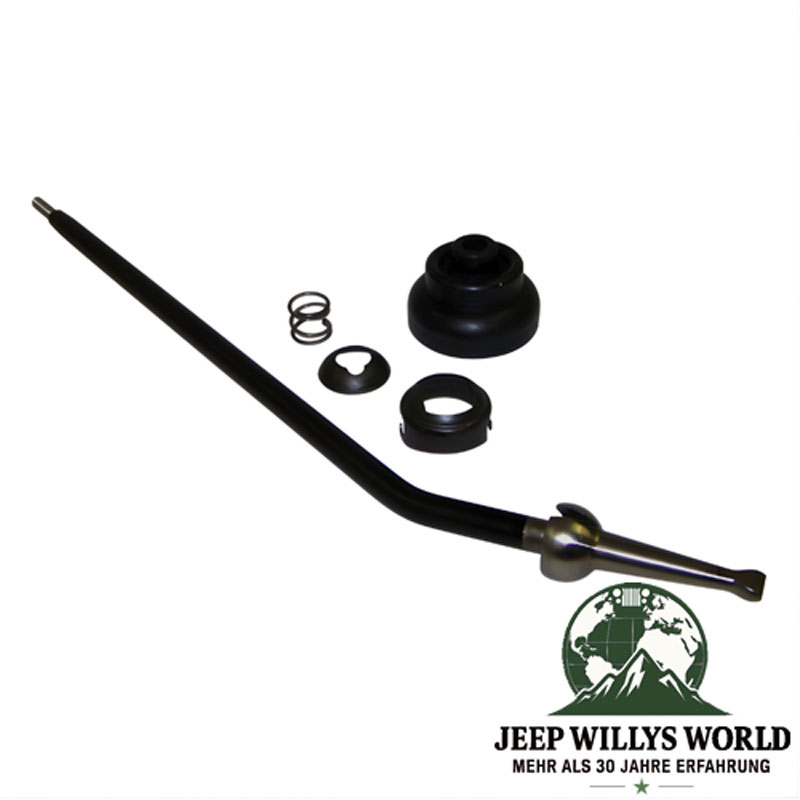 Shift Lever Kit T176, T177 Transmission Jeep CJ (80-86), all included parts pictured (Shift Lever, Spring, Boot, Retainer and Clamp)