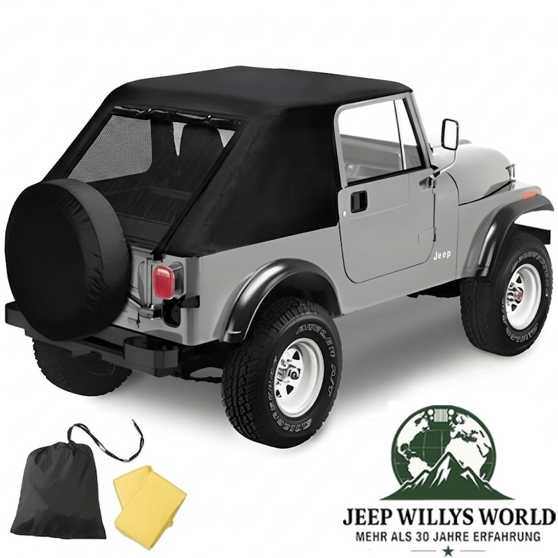 Emergency Top Black Jeep CJ7, YJ (76-91), mounted, pictred incl. storrage bag and rain ponchos.