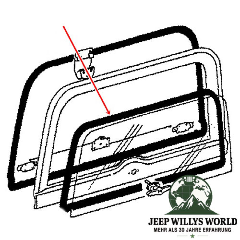 Hardtop Lift Gate Glass Seal Tail Gate Window Jeep CJ7, CJ8, 76-86, technical drawing with a red arrow showing the Part on the Lift Gate.