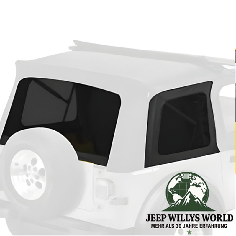 Sunrider Soft Top Black Denim mit getönten Scheiben Jeep CJ7, Wrangler YJ (76-95). Hervorgehoben auf ausgegrauter Soft Top Detailansicht.