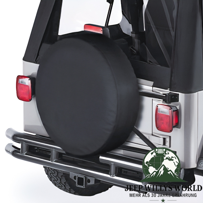 Bestop Reserveradhülle Black Diamond 28 inch Jeep CJ5, CJ7, CJ8, Wrangler YJ, TJ, JK (76-18), montiert, Nahansicht.