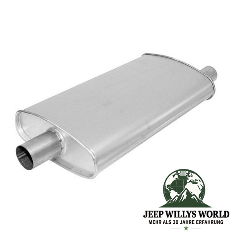 Muffler (aluminized) with 2.25" (57,15 mm) Inlet to 2" (50,80 mm) OutIet for 4.0L and 5.2L gasoline engine. Jeep Grand Cherokee ZJ / ZG (1992-1998), Inlet pictured.