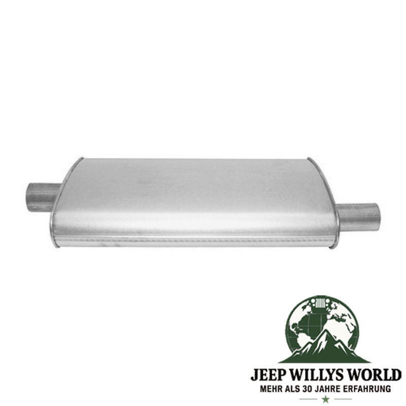 Muffler (aluminized) with 2.25" (57,15 mm) Inlet to 2" (50,80 mm) OutIet for 4.0L and 5.2L gasoline engine. Jeep Grand Cherokee ZJ / ZG (1992-1998), sideview with inlet on left side of picture.