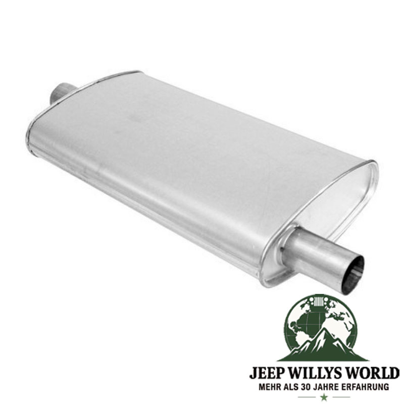 Muffler (aluminized) with 2.25" (57,15 mm) Inlet to 2" (50,80 mm) OutIet for 4.0L and 5.2L gasoline engine. Jeep Grand Cherokee ZJ / ZG (1992-1998), outlet pictured.