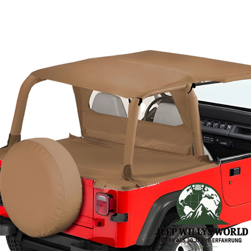 Windjammer Spice Denim (brown) Jeep CJ5, CJ7, CJ8, Wrangler YJ (80-95), shown with mounted Safari Bikini Top and Duster Cover from Bestop.