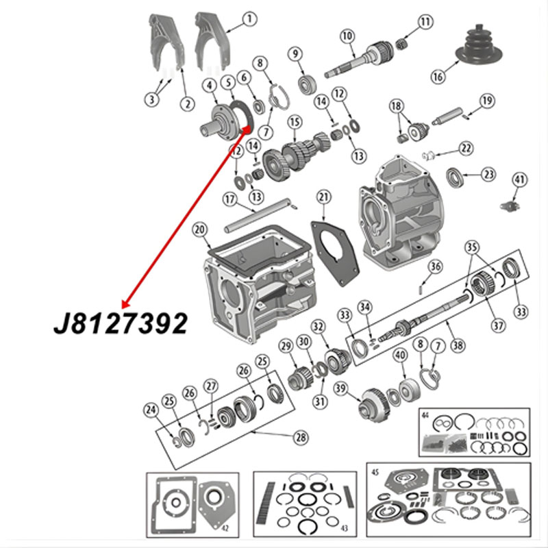 Input Bearing Retainer Gasket SR4 Transmission Jeep CJ (80-83), exploded drawing highlighting the Gasket on Transmission with red arrow.