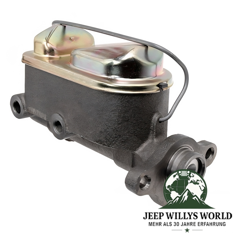 Hauptbremszylinder 10" Trommelbremse Jeep CJ5 CJ7 78-86 mit Bremskraftverstärker, seitlich / frontal, Anschluss zu erkennen.