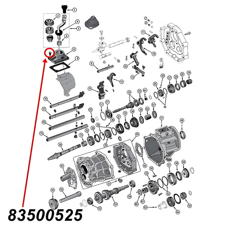 M8 x 1.25 Shift Lever Housing Bolt for AX15 Transmission. Jeep Cherokee XJ / Wrangler YJ / TJ / Grand Cherokee ZJ (1987-1999), exploded drawing highlighting the position of Bolt on Transmission with a red arrow.