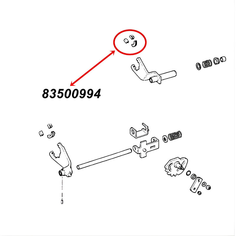 Schaltführung Kit (3-teilig) für Mode Schaltgabel am NP242 Verteilergetriebe. Jeep Cherokee XJ / Grand Cherokee ZJ / ZG /WJ / WG / Liberty KJ (1987-2004), Explosionszeichnung die die Position der Führung an der Gabel zeigt.