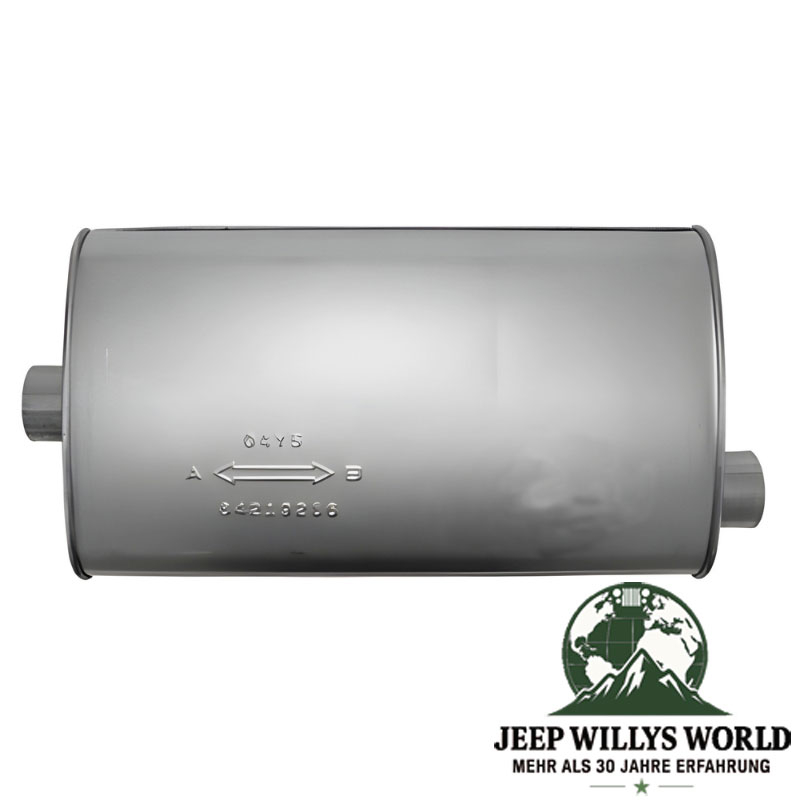 Endschalldämpfer 2,25" (57,15 mm) für 2,5L 4 Zylinder oder 4,0L 6 Zylinder Motor. Jeep Cherokee XJ (1986-2000), Draufsicht mit Eingang auf der linken Bildseite.