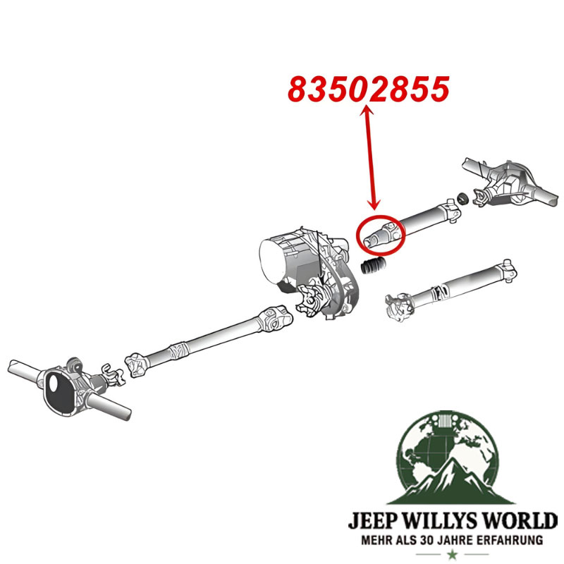 Rear Drive Cardan Shaft Slip Yoke to NP231, NP249 and NV247 Transfer Case. Jeep Wrangler YJ / Grand Cherokee ZJ / ZG / WJ / WG (1987-13.09.1999), exploded drawing highlighting the position of Yoke.