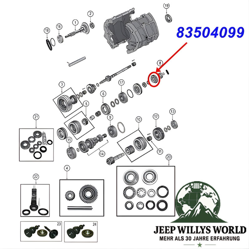 Zahnrad für den 5. Gang mit 53 x 27 Zähnen BA10/5 Peugeot 5-Gang Schaltgetriebe. Jeep Cherokee XJ / Wrangler YJ / Comanche MJ (1987-1989), Explosionszeichnung die mit rotem Pfeil die Position des Zahrades am Schaltgetriebe zeigt.