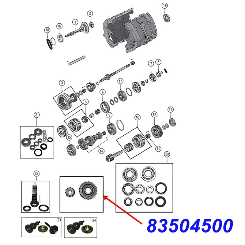 Reverse Idler Gear Set BA10/5 Transmission Jeep Cherokee XJ / Wrangler YJ (87-89), exploded drawing highlighting the position of Gear on Transmission.