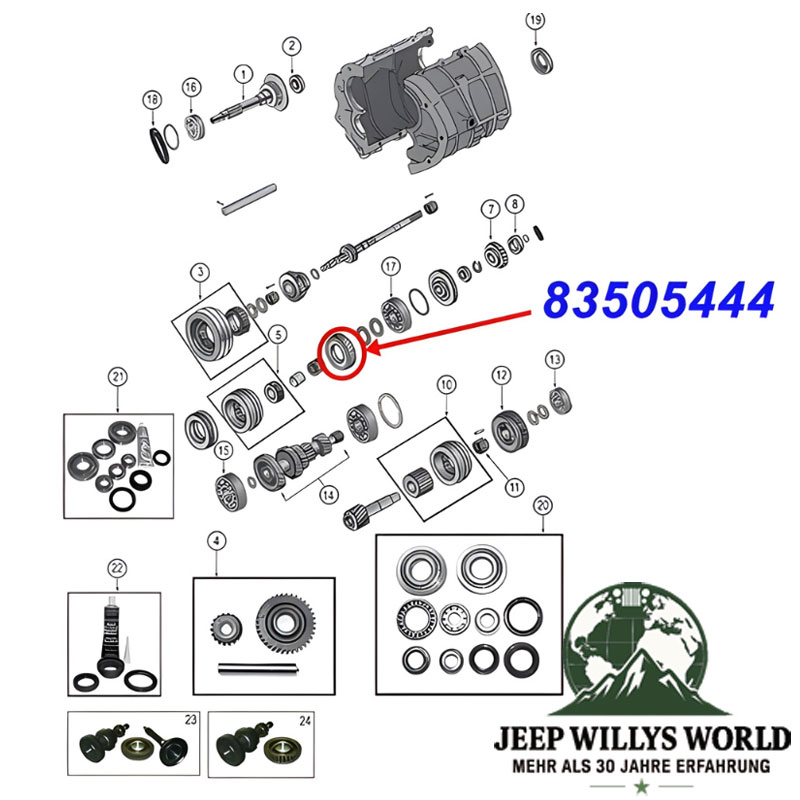 Zahnrad 1. Gang BA10/5 Schaltgetriebe Jeep Cherokee XJ / Wrangler YJ (87-89), Explosionszeichnung die mit rotem Pfeil die Position des Zahrades am Schaltgetriebe zeigt.