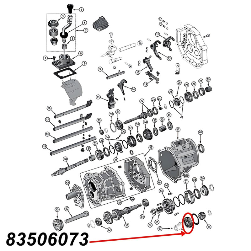 Hinteres Lager der hauptwelle für AX15 Schaltgetriebe. Jeep Cherokee XJ / Wrangler YJ / TJ / Grand Cherokee ZJ (1987-1999), Explosionszeichnung die mit rotem Pfeil die Position des Lagers am Schaltgetriebe zeigt.