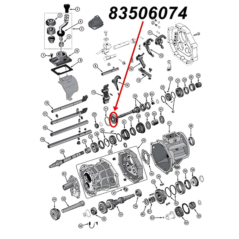 Vorderes Lager der Eingangswelle für AX15 Schaltgetriebe. Jeep Cherokee XJ / Wrangler YJ / TJ / Grand Cherokee ZJ (1988-1999), Explosionszeichnung die mit rotem Pfeil die Position des Lagers am Schaltgetriebe zeigt.