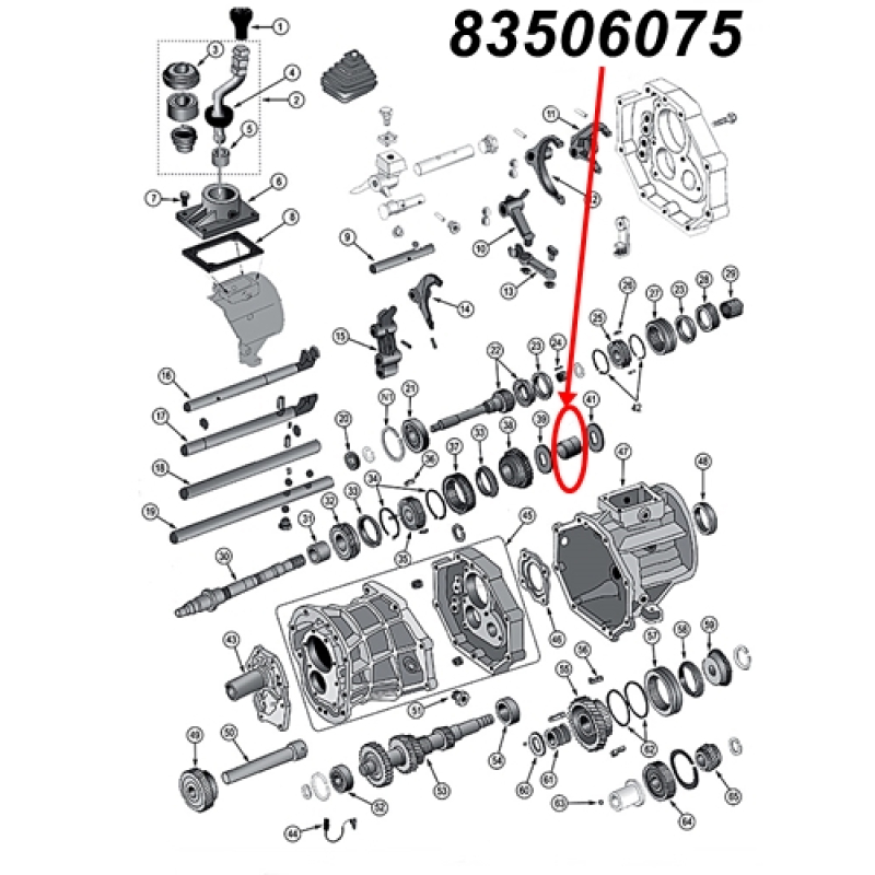 Nadellager für den ersten (1.) Gang am AX15 Schaltgetriebe. Jeep Cherokee XJ / Wrangler YJ / TJ / Grand Cherokee ZJ / Comanche MJ (1987-1999), Explosionszeichnung, die mit rotem Pfeil die Position des Lagers am Schaltgetriebezeigt.