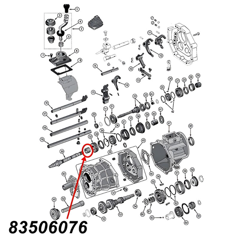 Nadellager für den zweiten (2.) Gang am AX15 Schaltgetriebe. Jeep Cherokee XJ / Wrangler YJ / TJ / Grand Cherokee ZJ / Comanche MJ (1987-1999), Explosionszeichnung, die mit rotem Pfeil die Position des Lagers am Schaltgetriebezeigt.
