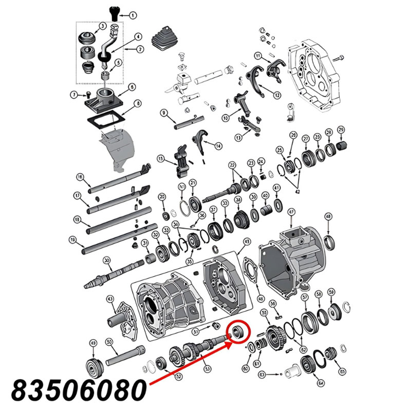 Hinteres Lager der Vorgelegewelle für AX15 Schaltgetriebe. Jeep Cherokee XJ / Wrangler YJ / TJ / Grand Cherokee ZJ (1987-1999), Explosionszeichnung die mit rotem Pfeil die Position des Lagers am Schaltgetriebe zeigt.
