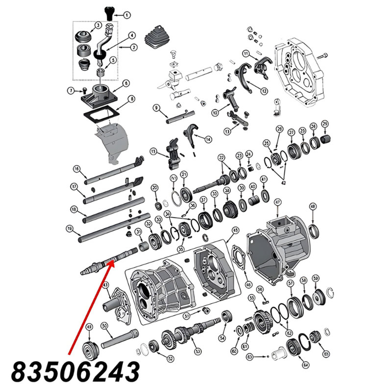 Hauptwelle für AX15 Schaltgetriebe. Jeep Cherokee XJ / Wrangler YJ / TJ / Grand Cherokee ZJ (1987-1999), Explosionszeichnung die mit roten Pfeilen die Position der Welle am Schaltgetriebe zeigt.