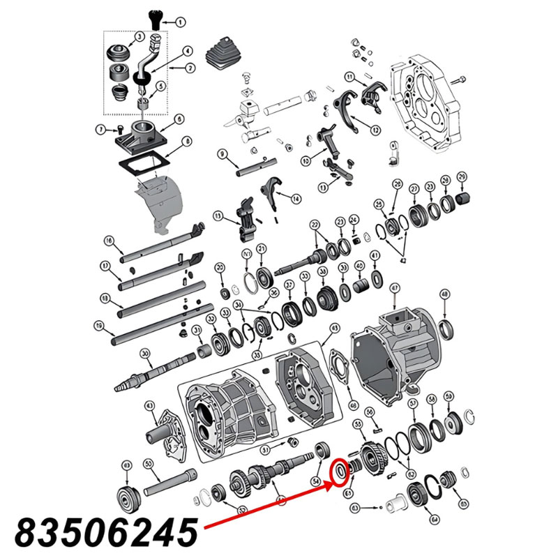 Druckscheibe für die Vorgelegewelle am AX15 Schaltgetriebe. Jeep Cherokee XJ / Wrangler YJ / TJ / Grand Cherokee ZJ / Comanche MJ (1987-1999), Explosionszeichnung, die mit rotem Pfeil die Position der Druckscheibe am Schaltgetriebezeigt.