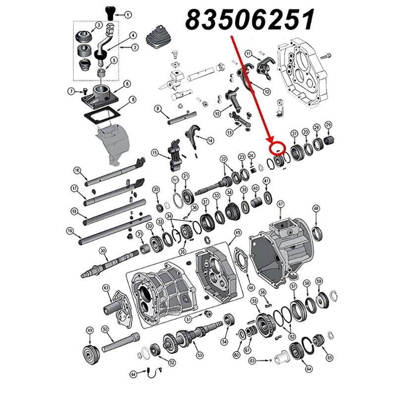 Schaltstein für den dritten (3.) und vierten (4.) Gang am AX15 Schaltgetriebe. Jeep Cherokee XJ / Wrangler YJ / TJ / Grand Cherokee ZJ / Comanche MJ (1987-1999), Explosionszeichnung die mit rotem Pfeil die Position des Schaltsteins am Getriebe zeigt.