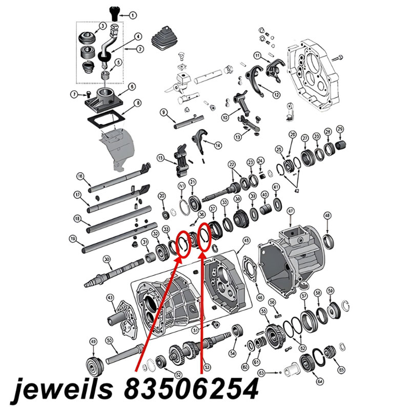 Synchronizer Spring 1st & 2nd Gear AX15 Transmission Jeep XJ / YJ / TJ / ZJ (87-99), exploded drawing highlighting the location of both Springs on Transmission with red arrows.