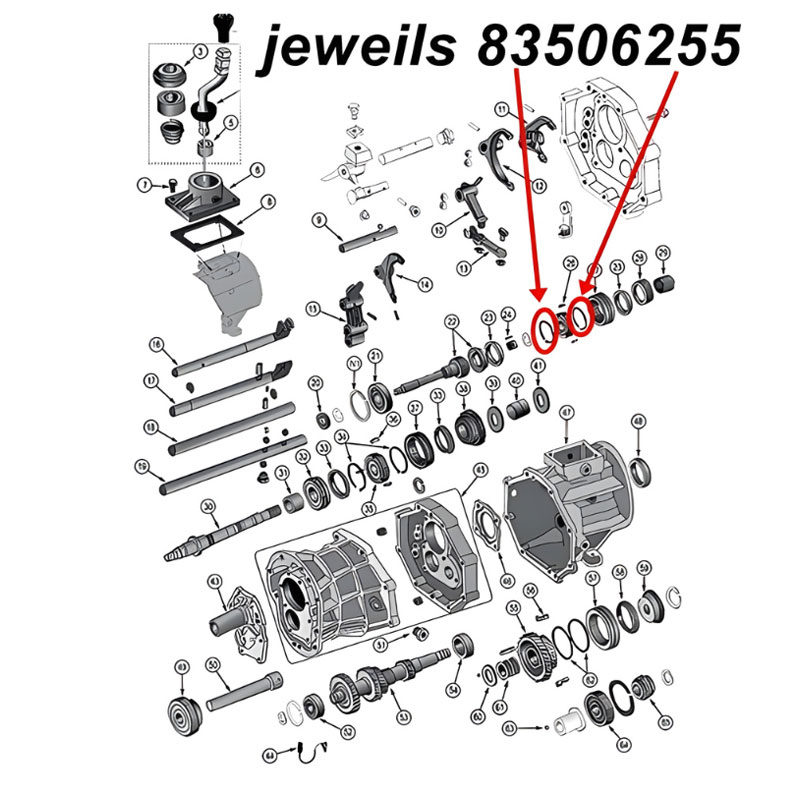 Synchronring Feder 3. & 4. Gang AX15 Schaltgetriebe Jeep XJ / YJ / TJ / ZJ  (87-99), Explosionszeichnung die mit roten Pfeilen die Feder an 3. und 4. Gang am Schaltgetriebe zeigt.
