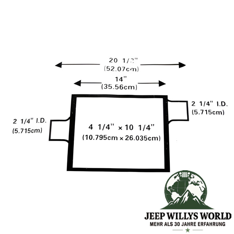 Sportendtopf Sportauspufftopf Vortex 2,25" für 2.5L oder 4.0L Motoren. Jeep CJ / Wrangler YJ / TJ (1976-2006), technische Zeichnung mit Bemaßung.