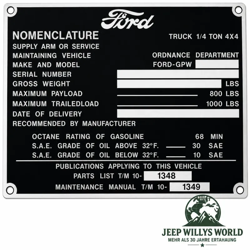 Typenschild Plakete Zinkfarbig Armaturenbrett Fahrzeug Identifikationsnummer Ford GPW (01.1944-07.1944)