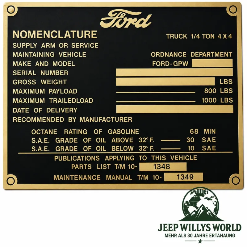 Typenschild Plakete Messingfarbig Armaturenbrett Fahrzeug Identifikationsnummer Ford GPW (01.1944-07.1944)