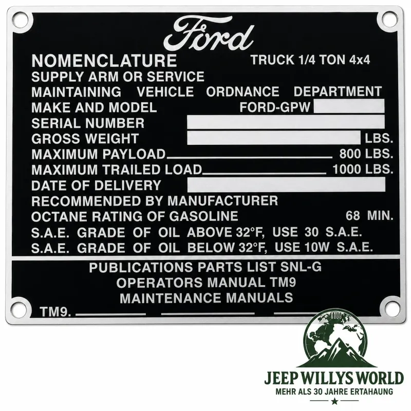 Typenschild Plakete Armaturenbrett Fahrzeug Identifikationsnummer Ford GPW (07.1944-06.1945)