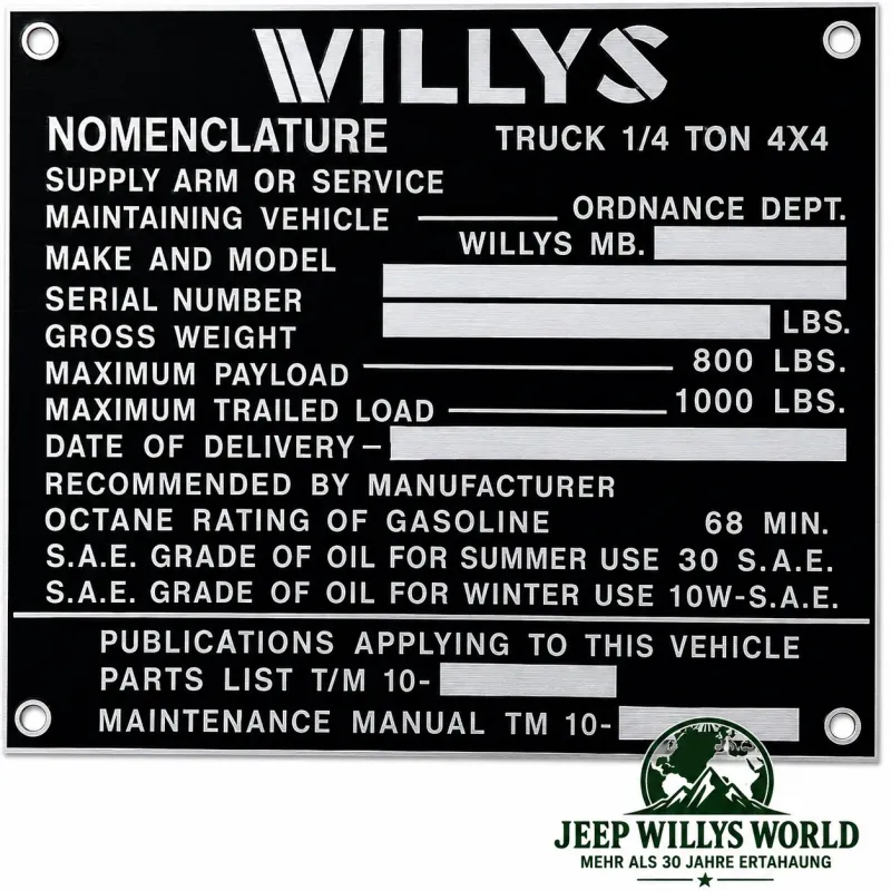 Typenschild Plakete Armaturenbrett Fahrzeug Identifikationsnummer Jeep Willys MB (01.1943-11.1943)
