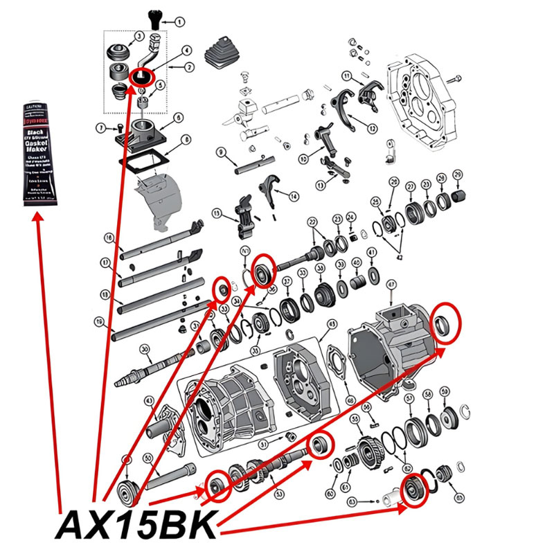 Lager & Simmerring Kit AX15 Schaltgetriebe Jeep Cherokee XJ / Wrangler YJ / TJ / Grand Cherokee ZJ (87-89), Explosionszeichnung die mit roten Pfeilen alle Set-Teile am Schaltgetriebe zeigt.
